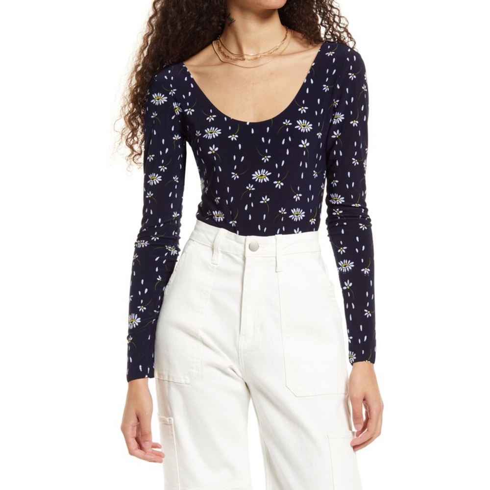 NWT Nordstrom by Cristina Martinez Navy Scattered Flowers Bodysuit- Size XXL